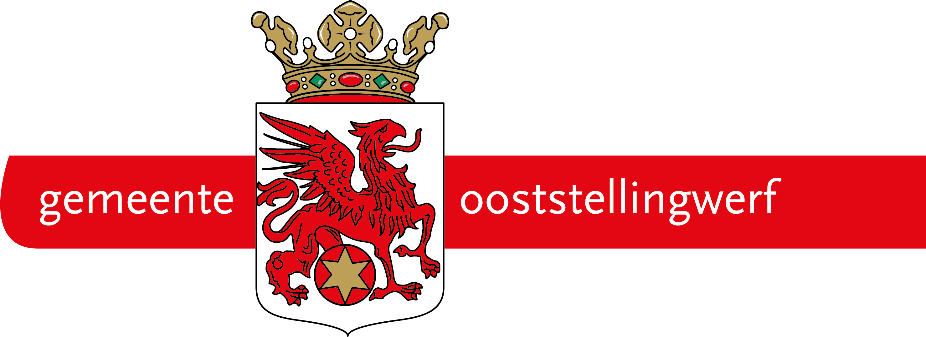 Wapen van gemeente Ooststellingwerf met rode griffioen en kroon op zwarte achtergrond.